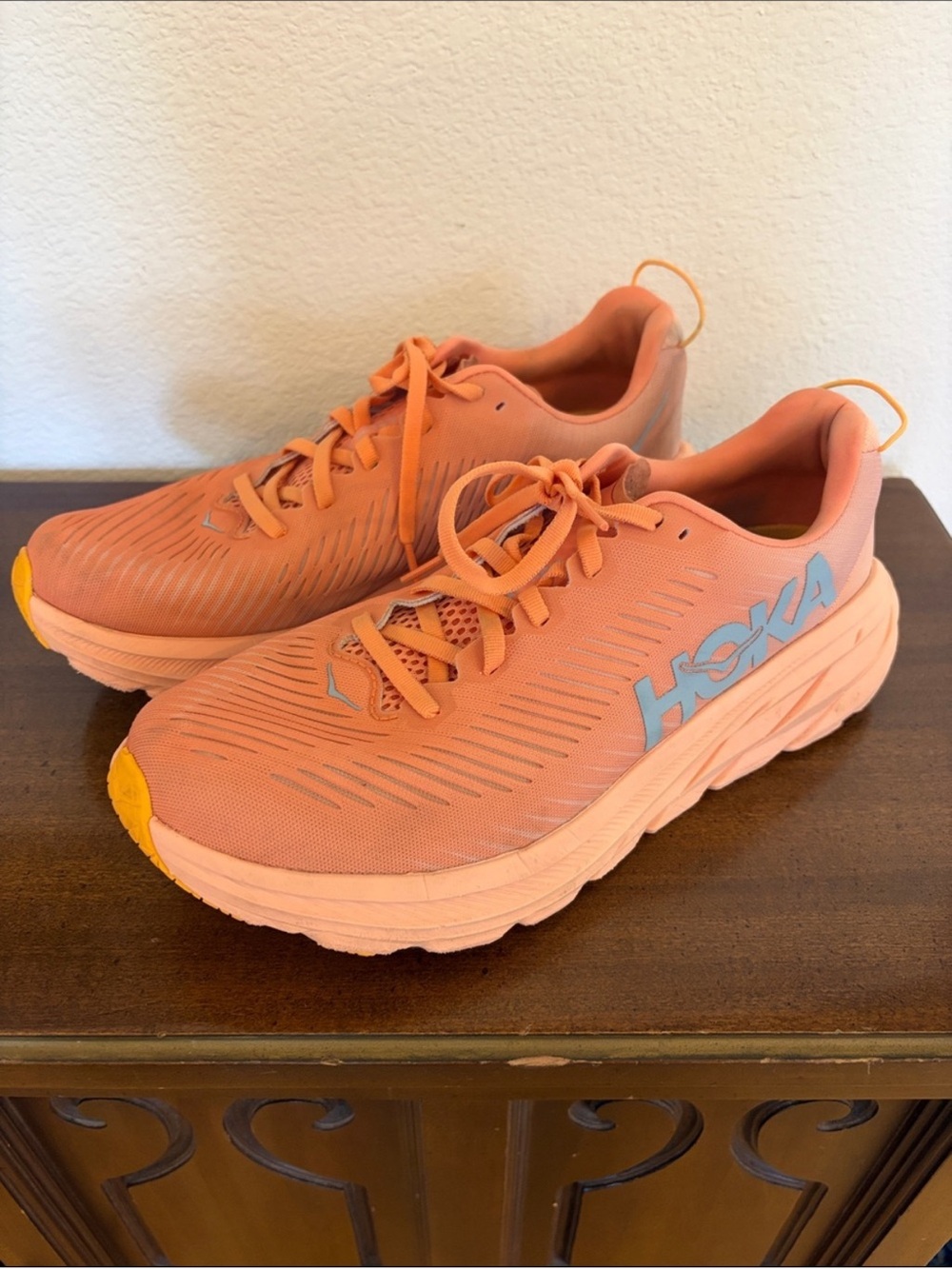 Hoka Rincon 3 Peach-Orange Running Shoes with Yellow Toe Accents 10.5